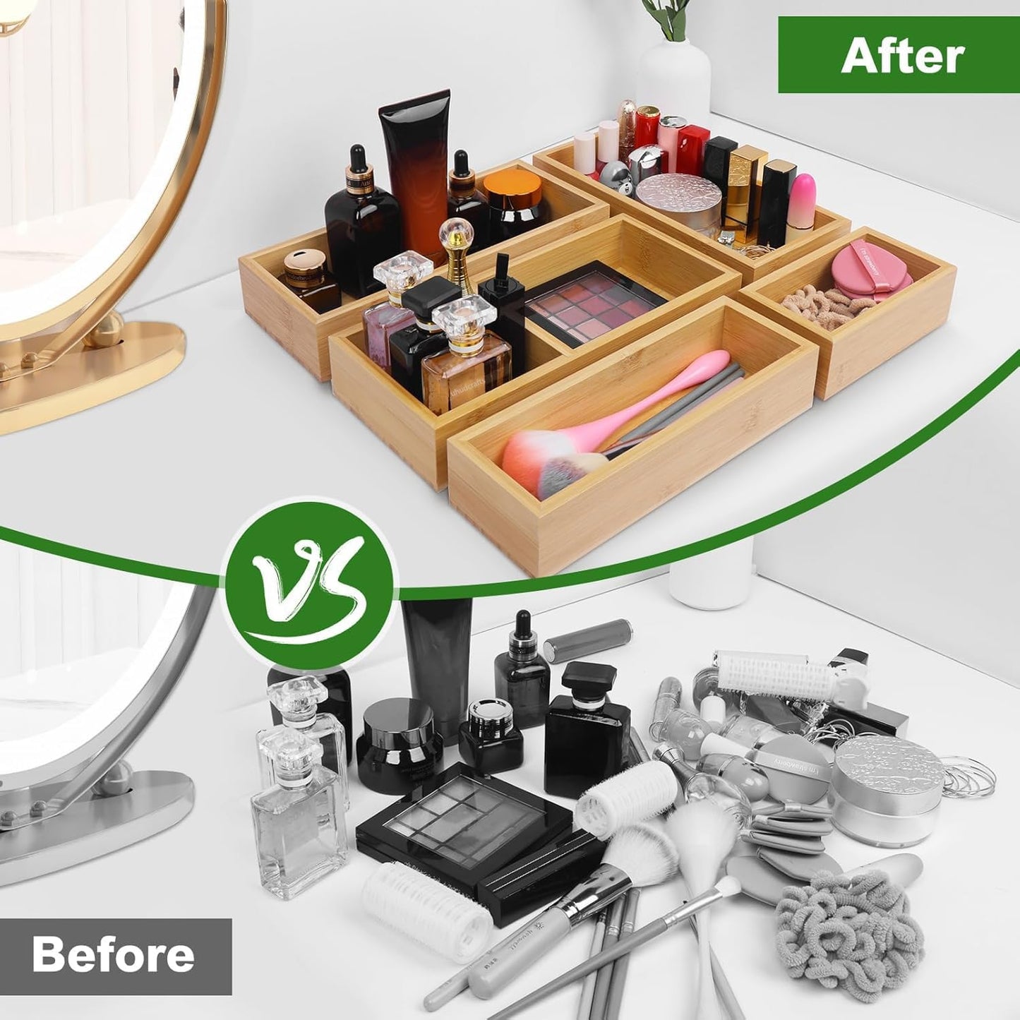 Udaipur Handicrafts Solid Wood Drawer Organizer Set, 5 PCS Multi-Use Wooden Storage Organizers, Drawer Divider and Storage Trays for Kitchen, Makeup, Jewelry, Utensils