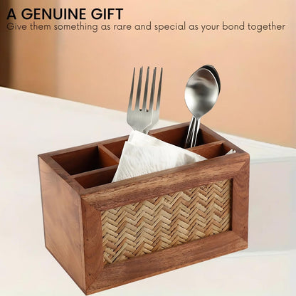 Udaipur Handicrafts Hand Crafted Acacia Wood Chatai Four Part Spoon Holder| Cutlery Holder| Kitchen Caddy | Wooden Cutlery Rack for Kitchen | Wooden Spoon Stand for Dining Table