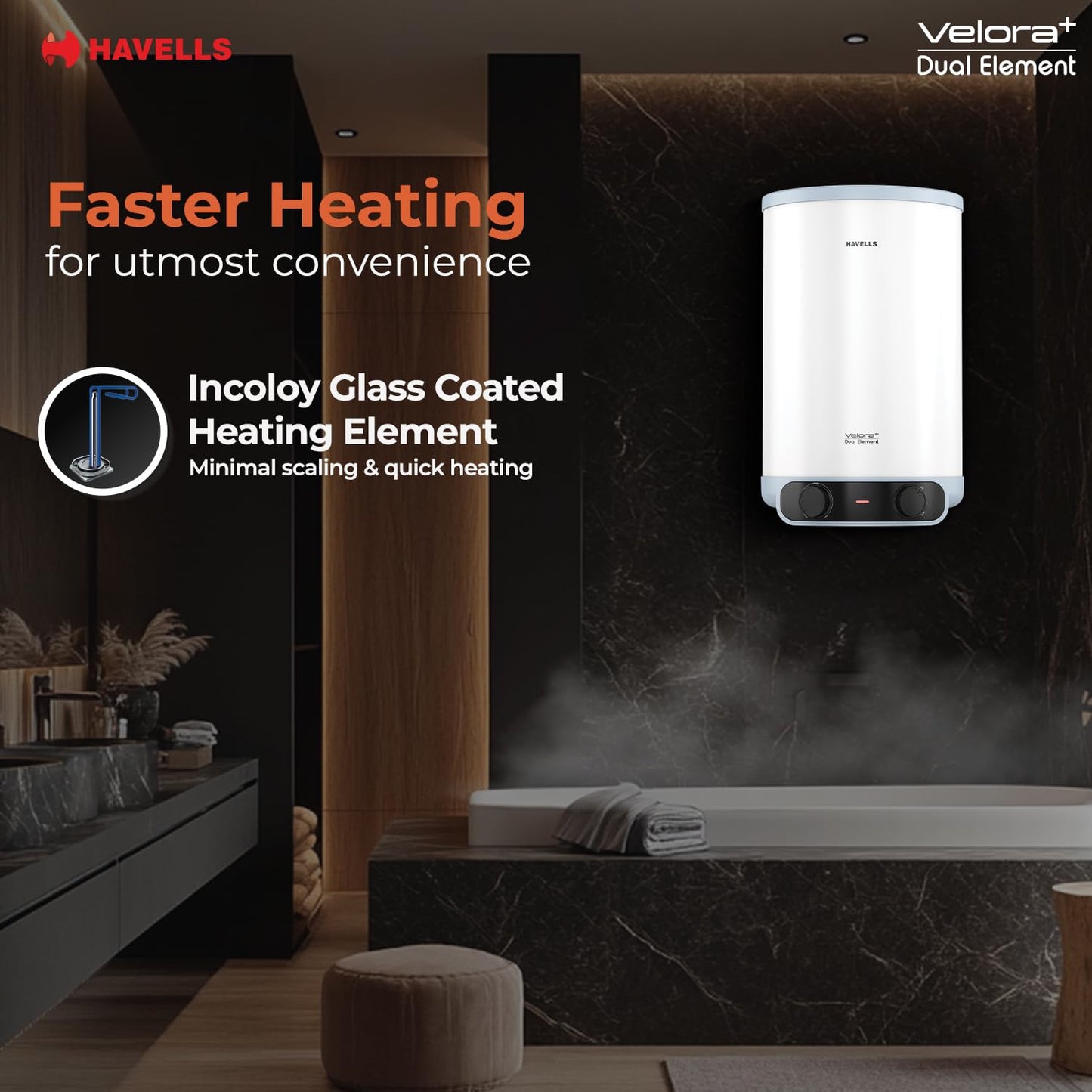 Havells All New Velora+ 25L 5 Star 3-in-1 Convertible Storage Water Heater(Geyser)|Dual Element|33% Faster Heating|safe to use|7 Year Tank & 5 Year element Warranty|Free Installation & Flexi pipes