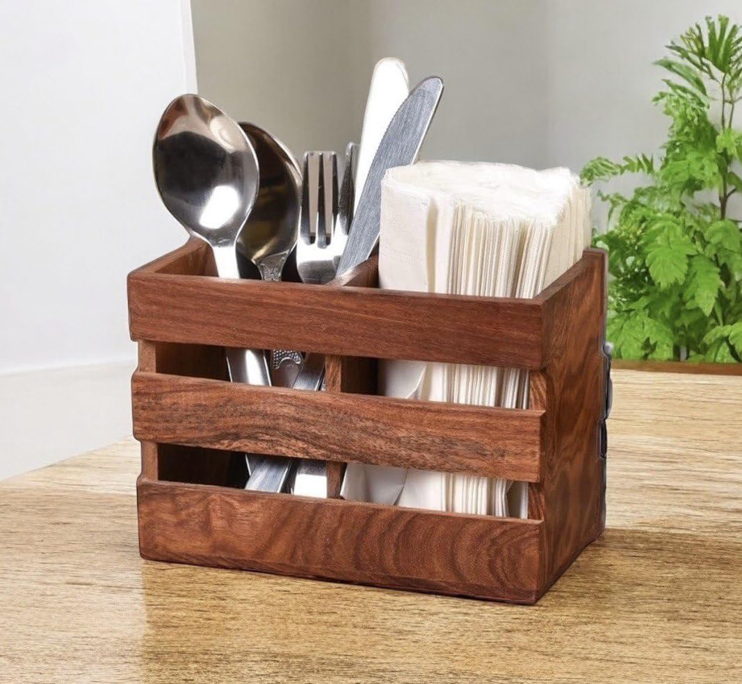 Udaipur Handicrafts – Multipurpose Spoon Stand and Kitchen Organizer, Brown (2 Compartments, 6.5 x 3 x 4.5 Inches)
