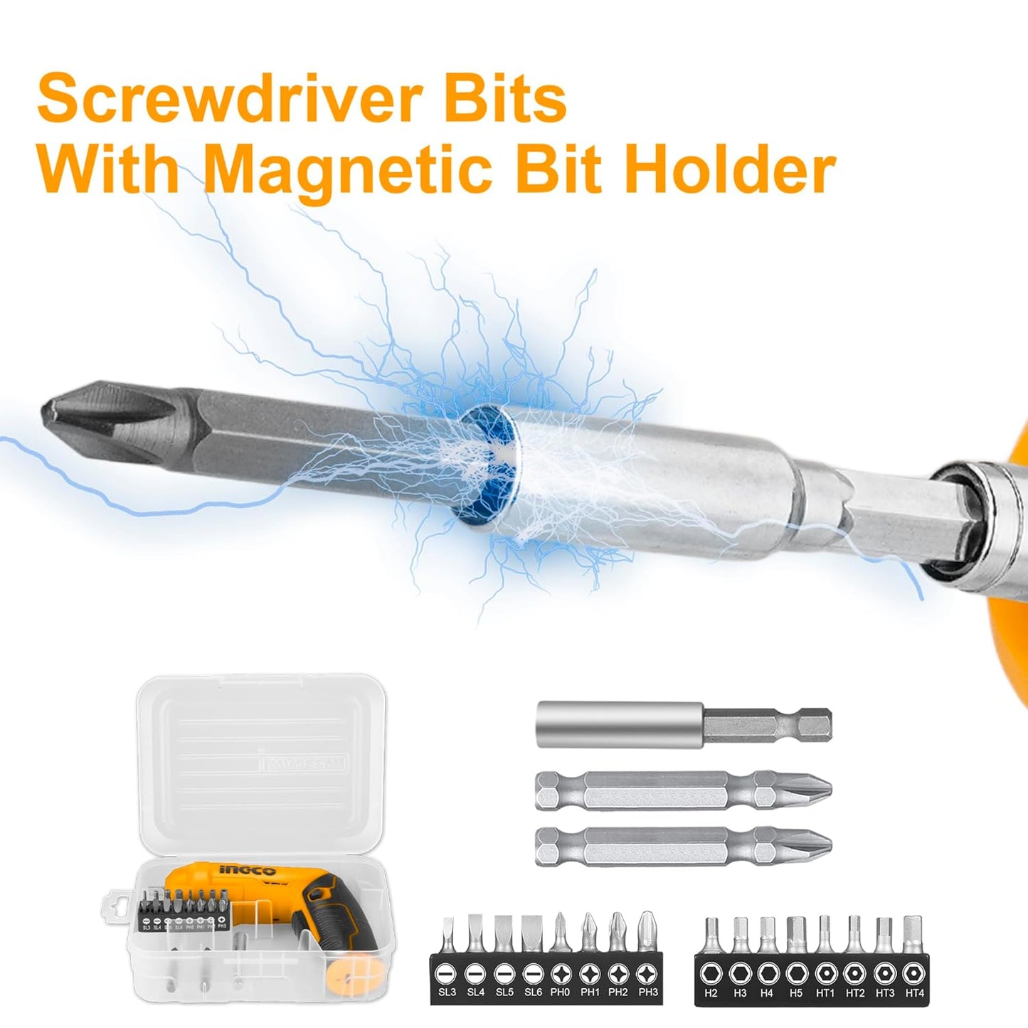 INGCO 4V Electric Cordless Screwdriver, Rechargeable Power Drill Driver Set, 4 N.m Max Torque, 240RPM, With Tool Box