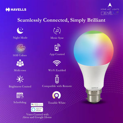 Havells Glamax 9W LED WiFi Smart B22 Bulb|Energy Efficient|Music Sync Function|Compatible with Amazon Alexa and Google Assistant|Multi User Feature|Made in India|Pack of 2