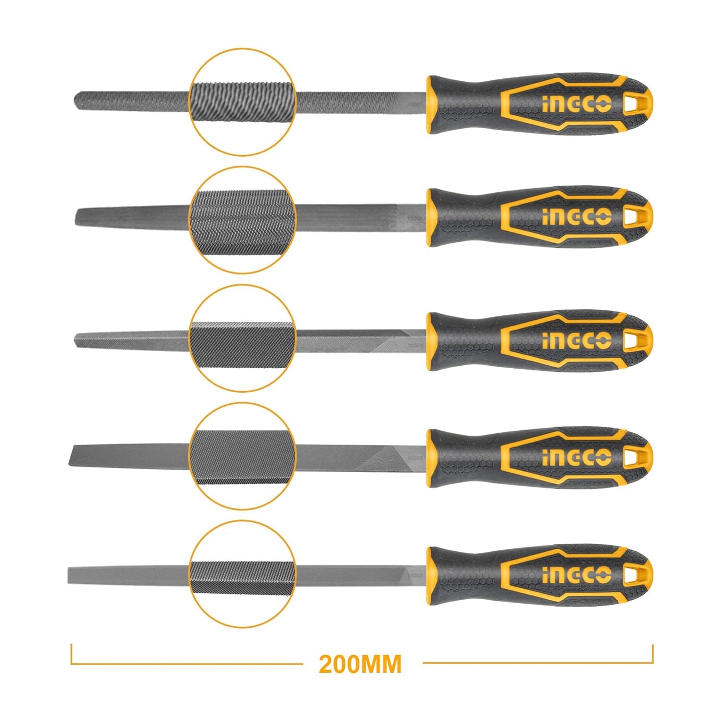 INGCO Steel File Set, 5 Pieces Hand Metal Files, Premium Grade T12 Steel File Set, Includes Flat, Square, Triangular, Round, and Half-Round File