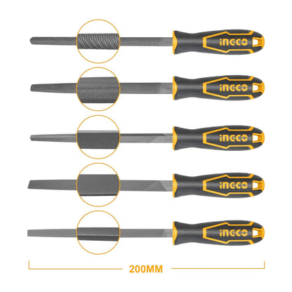 INGCO Steel File Set, 5 Pieces Hand Metal Files, Premium Grade T12 Steel File Set, Includes Flat, Square, Triangular, Round, and Half-Round File