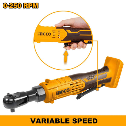 Ingco 20V Cordless Drive Ratchet Wrench 3/8", 65 Nm, With 1Pcs 2.0Ah Battery & Charger, With 3Pcs Sockets, Packed by Carrying Case Ideal for Car, Vehicle Use