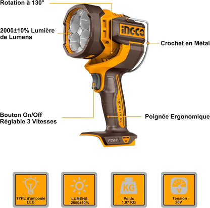 Ingco CWLI2088 20V Wireless LED Torch (Product Only), High Quality LED, 2000 Lumens, 3 Mode Settings, Adjustable Light Head for Hiking Camping