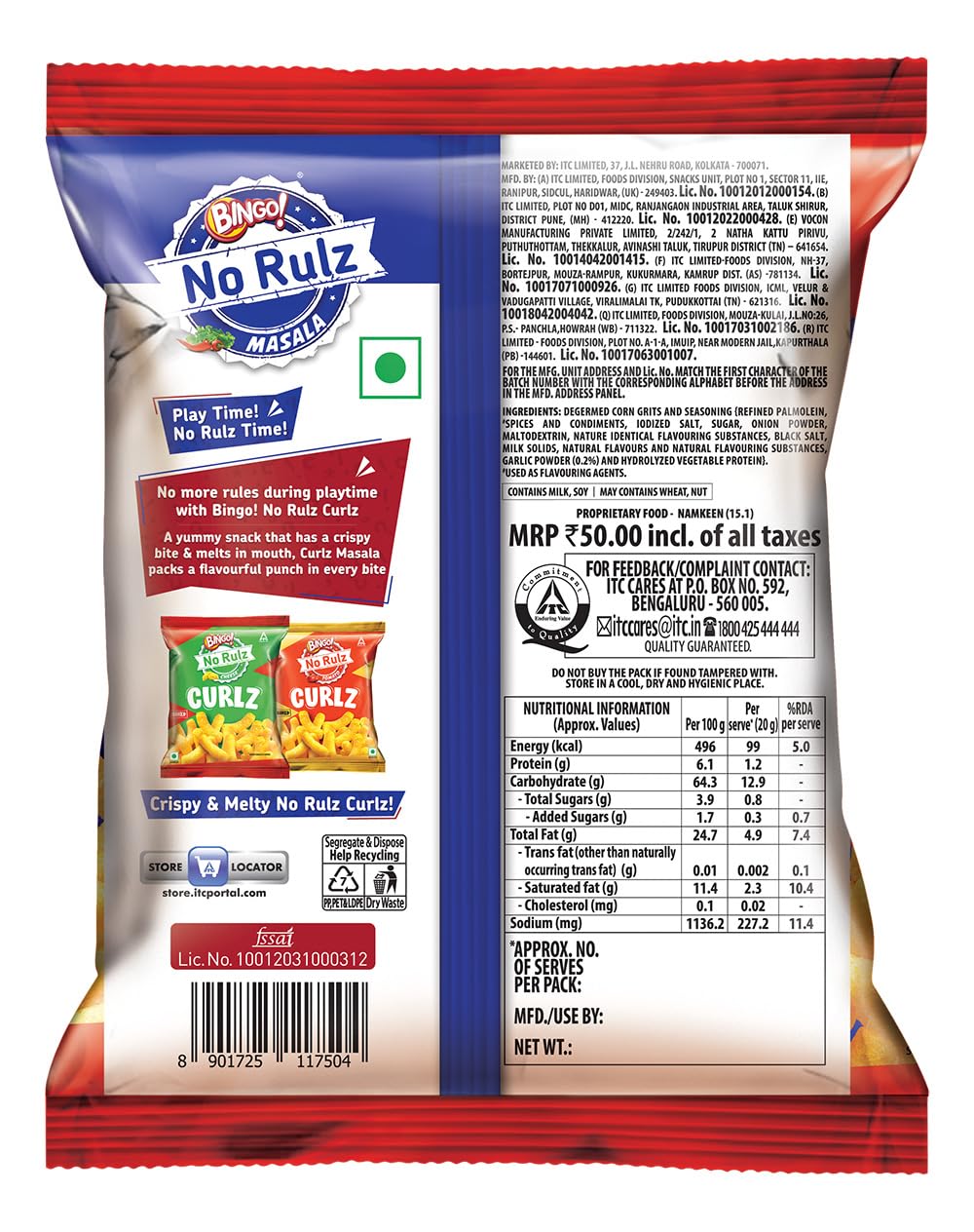 Bingo! Epiken No Rulz Masala Curlz, 80 G/85.4G(weight may vary) Masala Flavoured Super Light & Super Tasty Baked Puffs