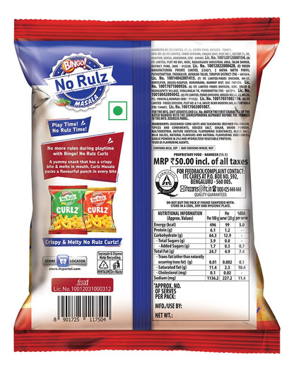 Bingo! Epiken No Rulz Masala Curlz, 80 G/85.4G(weight may vary) Masala Flavoured Super Light & Super Tasty Baked Puffs