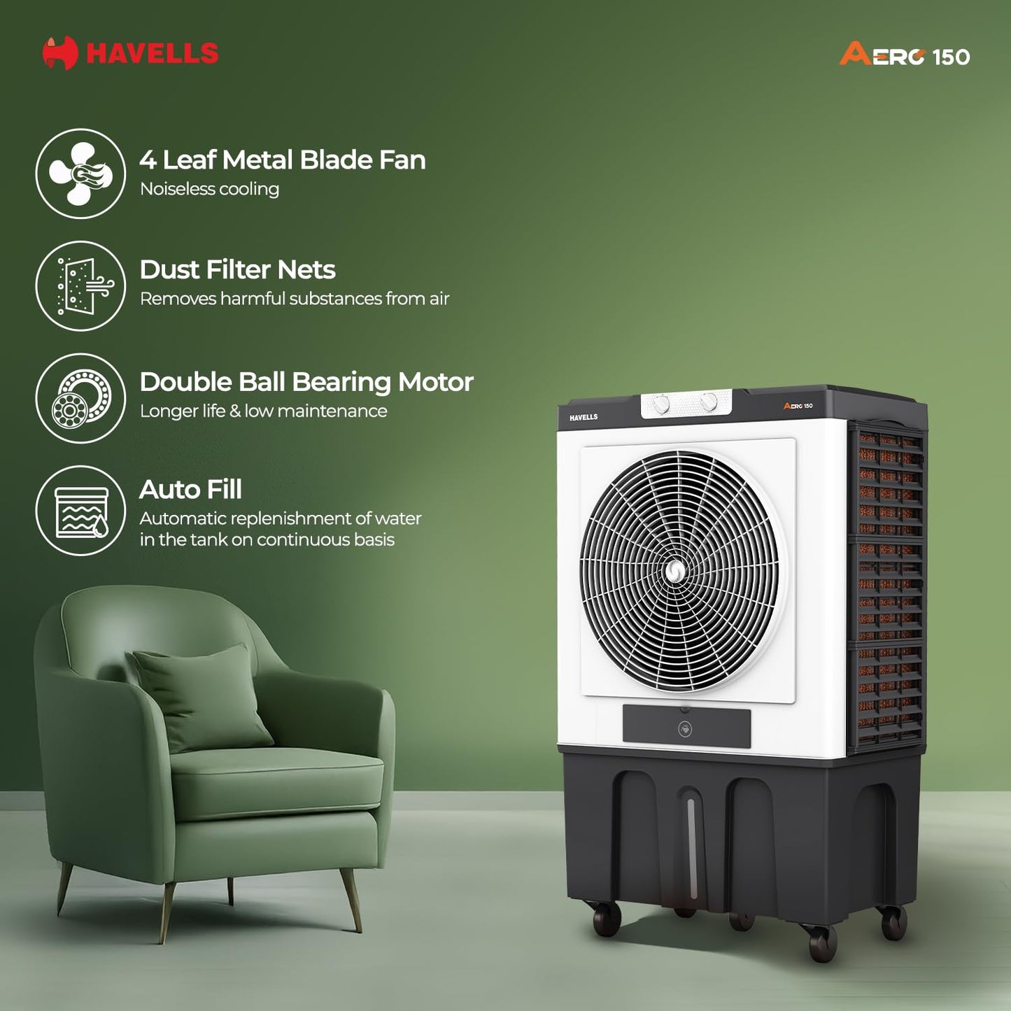 Havells Aero 150 L Premium Commercial Air Cooler| 22" Metal Blade Fan| Powerful Air-Delivery of 12000 m³/h| 3 Side Bacteria Shield Honeycomb Pads| Dust Filter Nets| XXL Ice chamber| Auto fill function