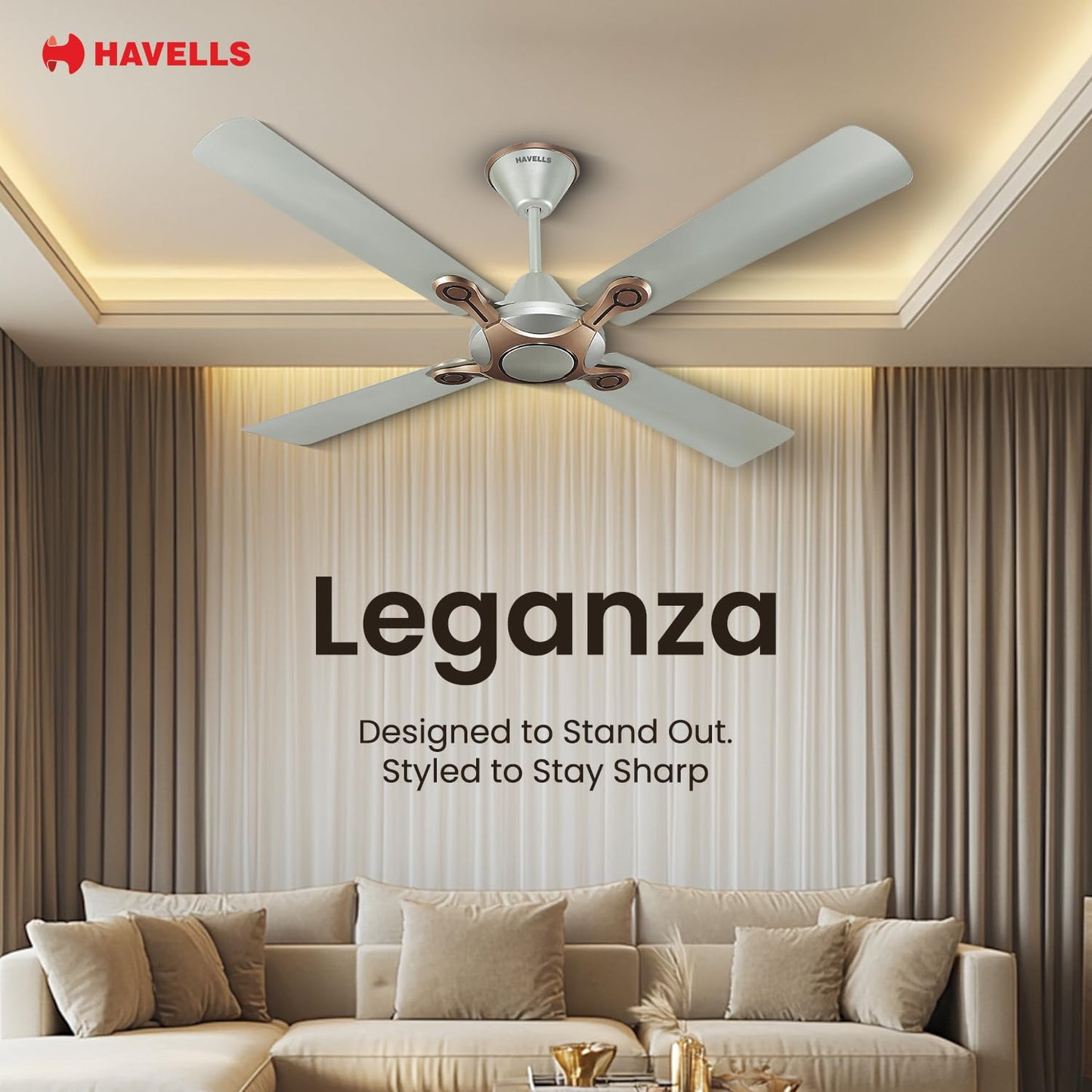 Havells 1200mm Leganza ES 4B Ceiling Fan | Best fan in 4 Blade, Premium Finish Decorative Fan, High Air Delivery | Energy Saving, 100% Pure Copper Motor, 2 Year Warranty | (Pack of 2, Bronze Gold)