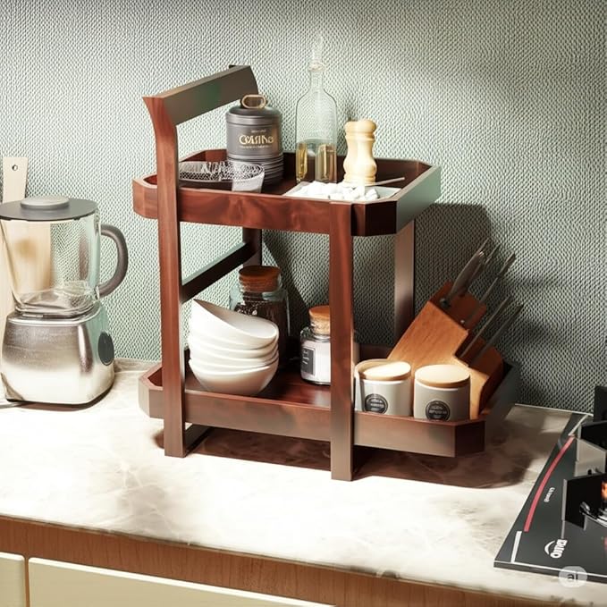 Udaipur Handicrafts Premium Wooden 2-Tier Spice Rack & Kitchen Countertop Organizer | Cabinet Storage Shelf & Home Decor Display | Solid Wood Tiered Shelf (Honey Finish)