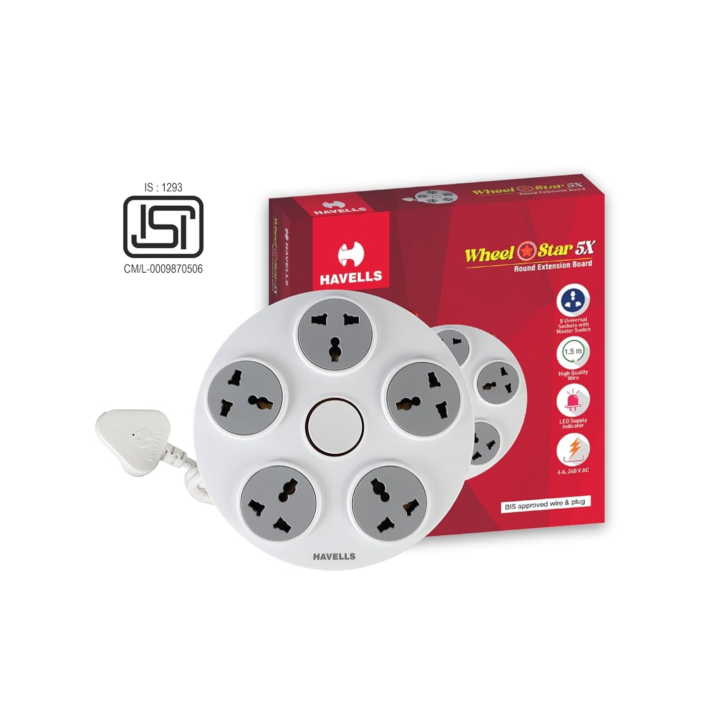 Havells Wheel Star 5X 5+1 Round Extension Board | Overload, Over Current & Over Voltage Protection | 1.5 Mtr Copper Wire | ISI Certified Wire & Plug | Universal 3 Pin 5 Sockets | LED Indicator | Home & Office Use