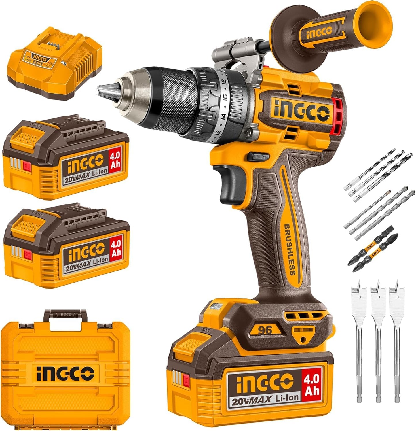 INGCO 20V Cordless Brushless Impact Drill 96NM, Variable Speed 500/2000RPM, 13mm Chuck, 22+1+1 Torque, Auxiliary Handle, with 2Pcs 4.0Ah Battery and 1Pcs Charger, Packed by Carrying Case CIDLI209686