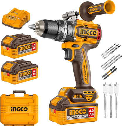 INGCO 20V Cordless Brushless Impact Drill 96NM, Variable Speed 500/2000RPM, 13mm Chuck, 22+1+1 Torque, Auxiliary Handle, with 2Pcs 4.0Ah Battery and 1Pcs Charger, Packed by Carrying Case CIDLI209686
