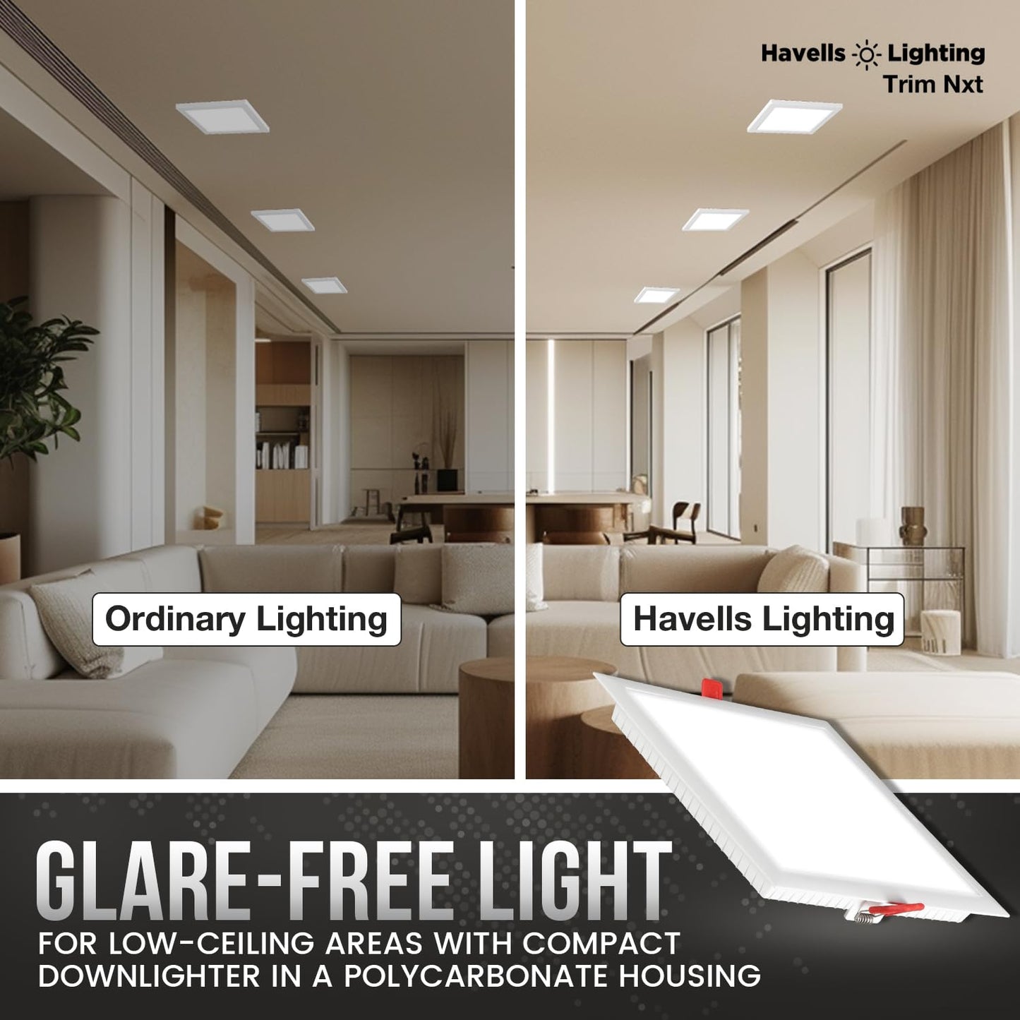 Havells 10W LED Recessed Square Panel Light |Warm White|Light Weight| Energy Efficient|Upto 3KV Surge Protection|Premium Downlight for Home and Office|BIS Approved | Pack of 1