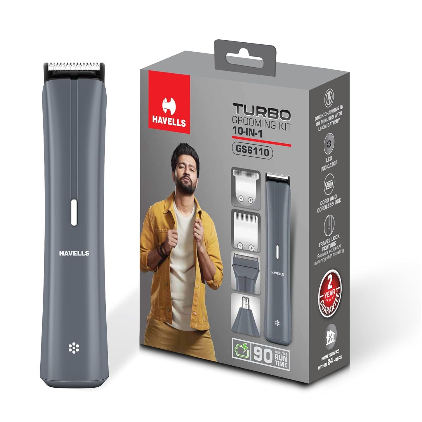 Havells Turbo 10 In 1 Grooming Kit | Hair Trimmer,Face, Ear & Nose |No Nicks & Cuts |LED Indicator| Upto 90 Min Quick Charge| 2 Year Guarantee| GS6110 (Grey)