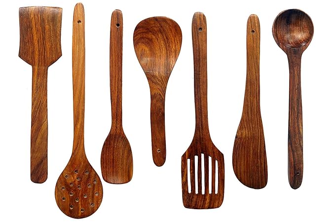 Udaipur Handicrafts Wooden Spoon for Cooking and Serving (Set of 7 (with Holder))