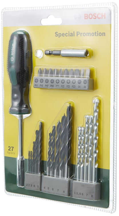 Bosch Drill Bits And Screwdriving Bits Set, 27 Piece, X-Line Green, With Masonry Bits, Metal Drill Bits, Wood Drill Bits, Screwdriver Bits And A Hand Screwdriver