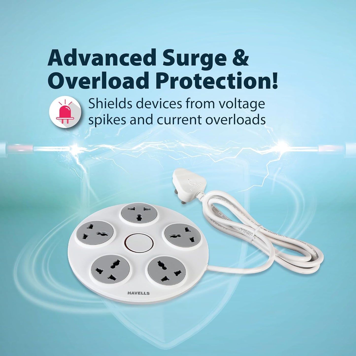 Havells Wheel Star 5X 5+1 Round Extension Board | Overload, Over Current & Over Voltage Protection | 1.5 Mtr Copper Wire | ISI Certified Wire & Plug | Universal 3 Pin 5 Sockets | LED Indicator | Home & Office Use