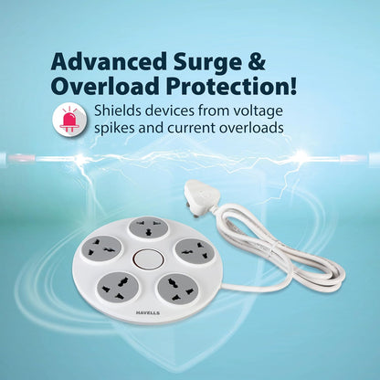 Havells Wheel Star 5X 5+1 Round Extension Board | Overload, Over Current & Over Voltage Protection | 1.5 Mtr Copper Wire | ISI Certified Wire & Plug | Universal 3 Pin 5 Sockets | LED Indicator | Home & Office Use