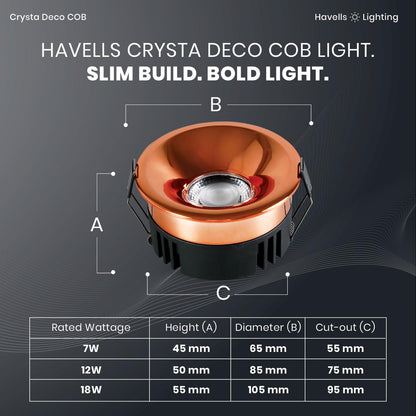 Havells Crysta Deco Cob 7W 4K Rose Gold,Led-Spotlights,Energy Efficient,Long Life of 25000 Burning Hours,Beam Angle of 36°,Metal Body Cob with Independent Driver,Natural Daylight (4000K)