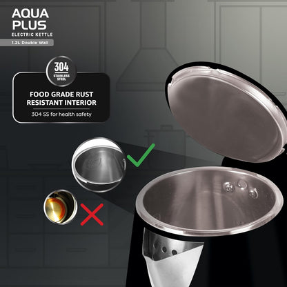 Havells Aqua Plus Electric Kettle 1.2 Litre, 1250 Watt | 304 Stainless Steel Inner Body | Cool Touch Body | Auto Shut-Off |Wider Mouth|2 Years Door Step Warranty by Havells (Black)
