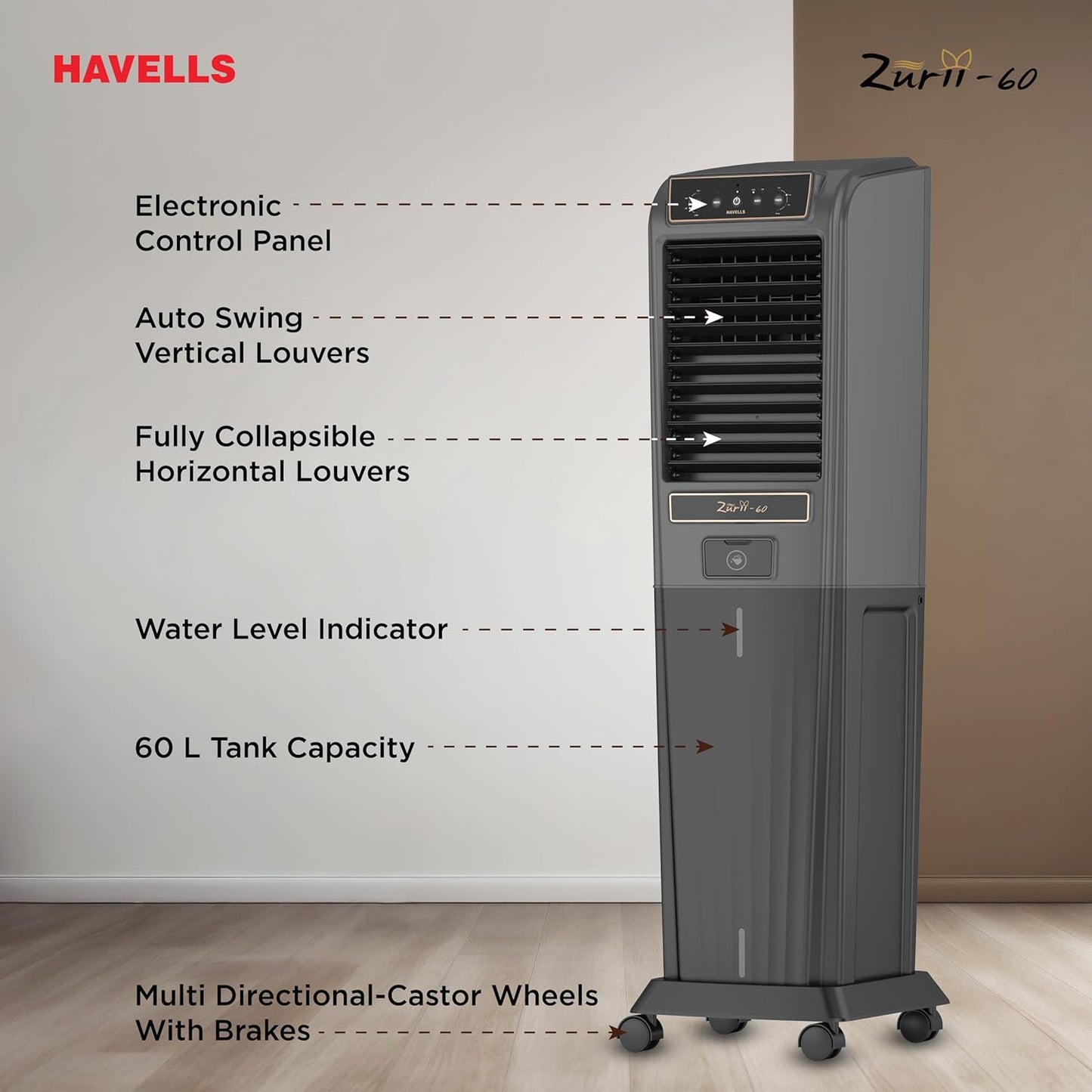 Havells Zurii 60 L Tower Air Cooler for Room|With Remote & Electronic Panel|Fully Collapsible louvers|Low Water Alarm|Dust Filter Net|Timer Function|Bacteria Shield Honeycomb Pads|Dry Run Protection