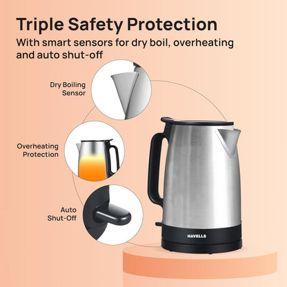 Havells Vesta Electric Kettle| Large 1.7L| 2000 Watts| 360° Cordless Control| Wide Mouth for Easy Use|Triple Safety Protection | Premium SS Body| 1Yr Door Step Warranty by Havells