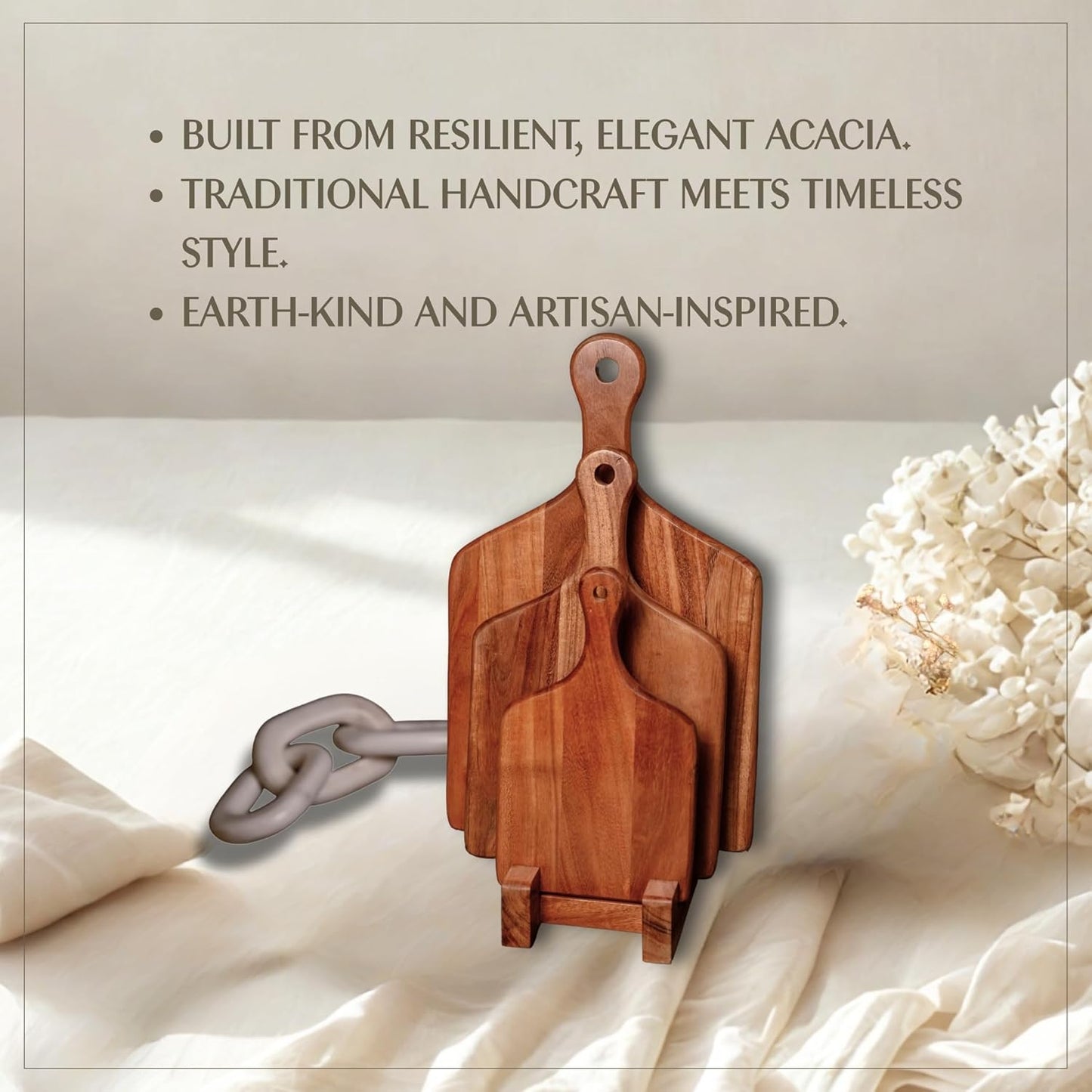 Udaipur Handicrafts Wooden Chopping Board Set of 3 with Stand – Acacia & Mango Wood Cutting Boards in Multiple Sizes – Durable, Stylish & Compact for Kitchen Prep, Serving & Storage