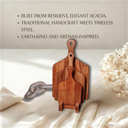 Udaipur Handicrafts Wooden Chopping Board Set of 3 with Stand – Acacia & Mango Wood Cutting Boards in Multiple Sizes – Durable, Stylish & Compact for Kitchen Prep, Serving & Storage