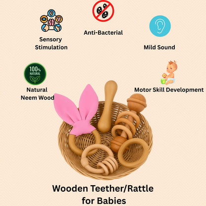 UdrCrafts® Baby Teether Combo Pack of 3 – Organic Neem Wood Teether Combo - 1 Ring, 1 Rattle, 1 Dumbbell Nibbler – Safe Natural Teething Toys | Wooden Teethers for 6 to 12 Months Baby (5)