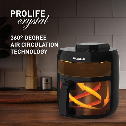 Havells Prolife Crystal Digital Air Fryer 5.5L, 1500W|D 8 Pre-sets| Aerocrisp Technology with 85% Less Oil Cooking| Dehydrator Mode| Auto-Shutoff|See-Through Window| 2Yr Door Step Warranty by Havells
