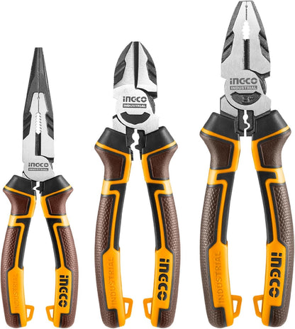 INGCO 3 Pcs High Leverage Pliers Set, Cr-V, 8" Combination Plier, 7" Diagonal Cutting Plier, 6" Long Nose Plier, Saving 30% Strength