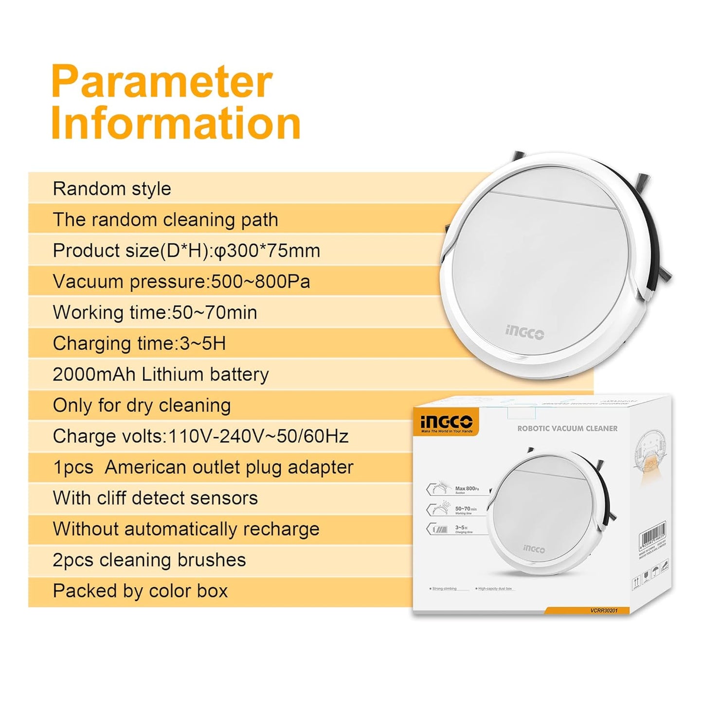 Ingco Robotic Vacuum Cleaner VCRR30201 | 2000mAh Lithium Battery, Anti-Winding, with Cliff detect sensors