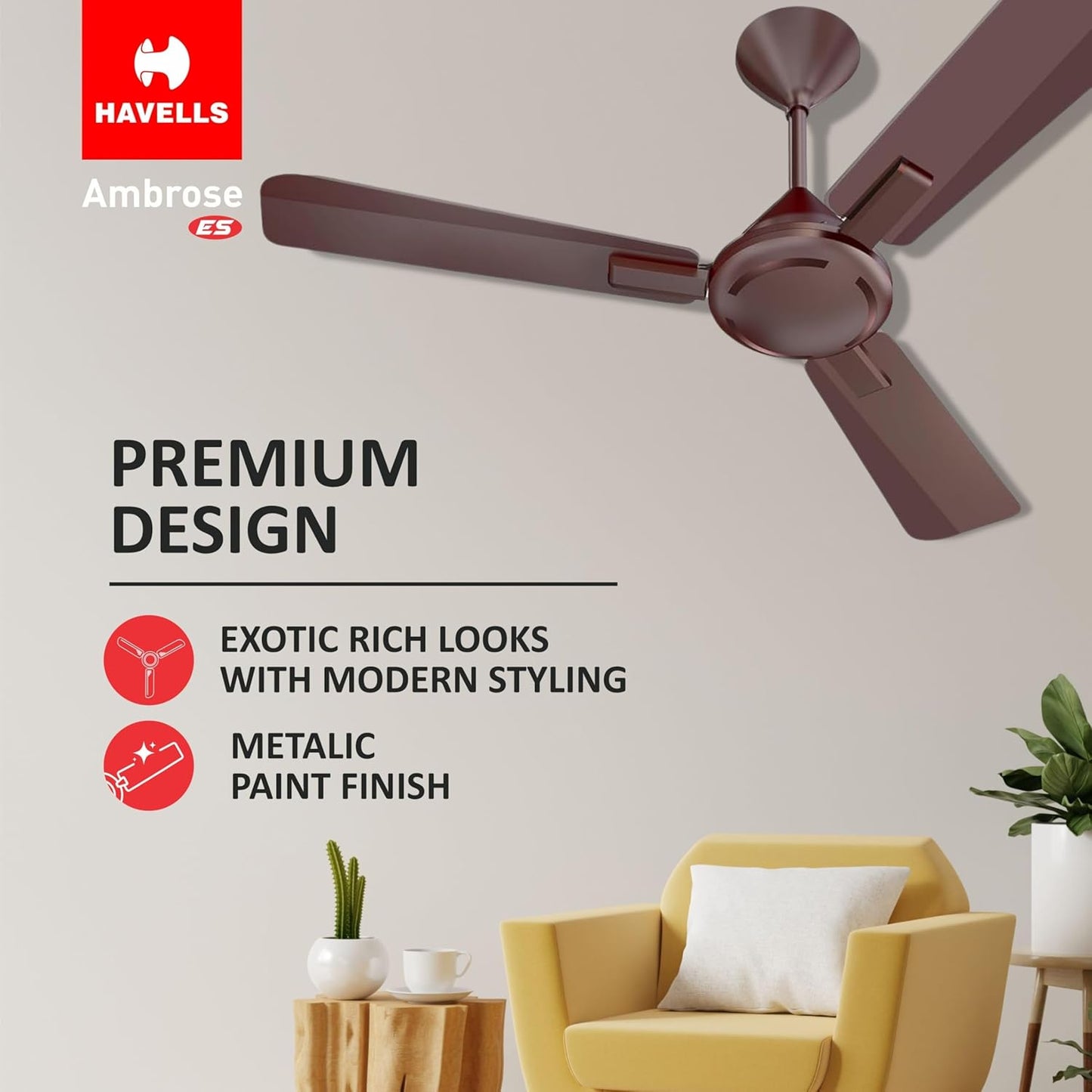 Havells 1200mm Ambrose Energy Saving High Speed Ceiling Fan|Premium Finish, Deco.Fan, Elegant Looks, High Air Delivery, 100% Pure Copper Motor|2 Yr Warranty by Brand | (Pack of 1, Cola Espresso Brown)