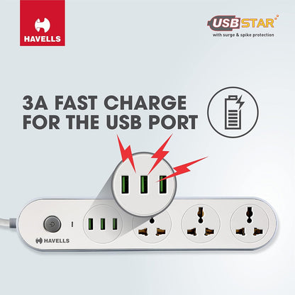 Havells USB Star - 3+1 Extension Board| 1.5Mtr Copper ISI Certified Wire | Surge and Spike Protection | 3 Universal Sockets and 3 USB Ports, 3.1 Amp| 6A, 240 V AC | LED Indicator | Home & Office Use