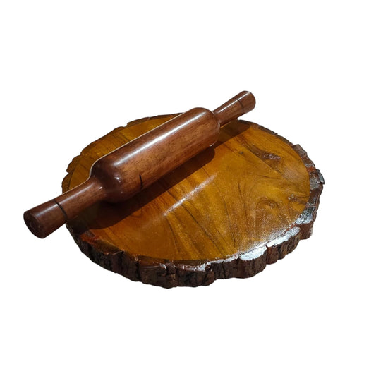 Udaipur Handicrafts Sheesham Wood Chakla Belan Set | Rustic Roti Rolling Board with Natural Bark Edge & Solid Rolling Pin | Made in India | No Chemical Polish 10.5 Inch (Brown)