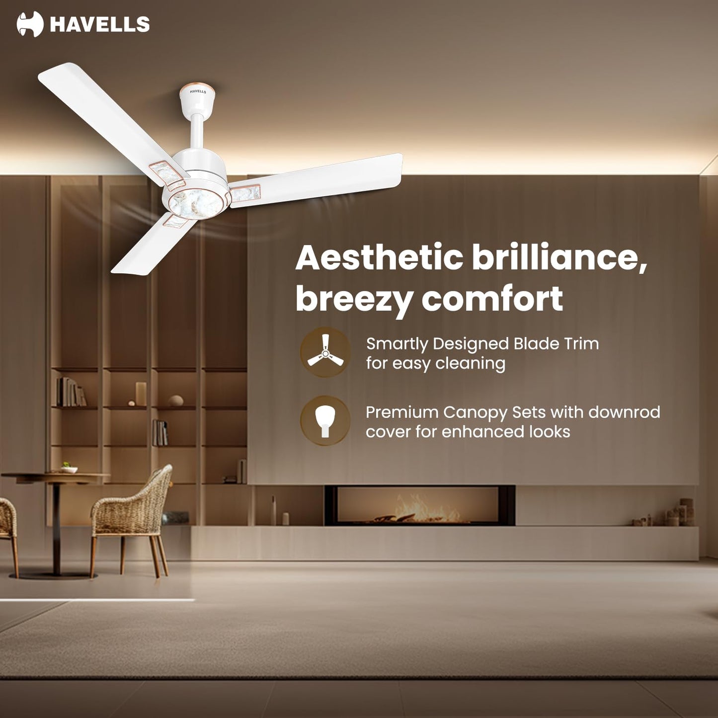 Havells Eva 1200mm Ceiling Fan for Home & Office with Aerodynamically Designed Blades, Energy Efficient & Power Saving for Superior Airflow | 2 Years Manufacturer Warranty | Pearl White Marble