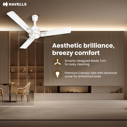 Havells Eva 1200mm Ceiling Fan for Home & Office with Aerodynamically Designed Blades, Energy Efficient & Power Saving for Superior Airflow | 2 Years Manufacturer Warranty | Pearl White Marble