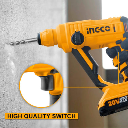 Ingco Cordless Rotary Hammer, 20V Lithium-Ion Hammer Drill for Home Use, 5100 BPM, 2 Mode Operation, 1.5J, Rotary Hammer With SDS-plus Drill Bits (Tool Only)