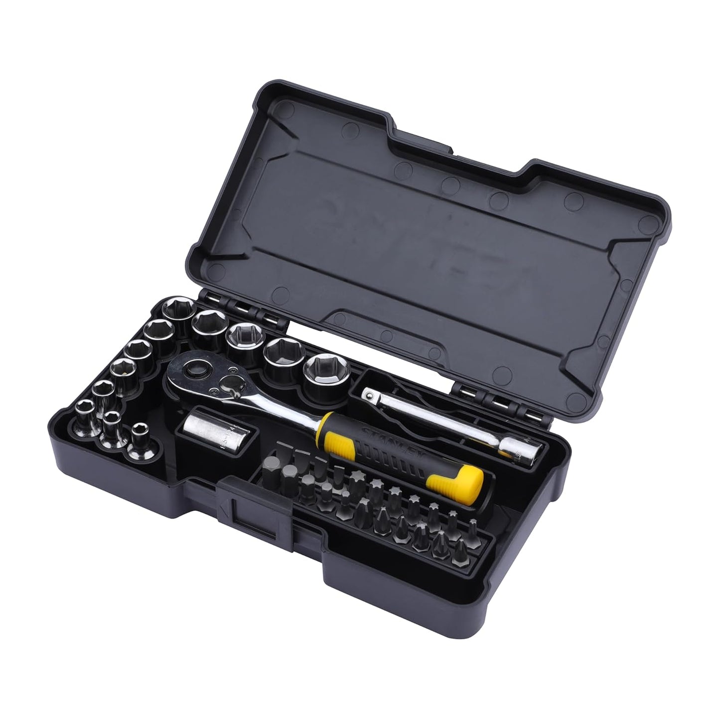 STANLEY STMT82672-0 1/4" 37-PIECE Chrome Compact Socket Set, Comes with Heavy-Duty Plastic Case, Ideal for Home, DIY, Industrial & Professional Use, Used for Screwing & Tightening Applications, BLACK