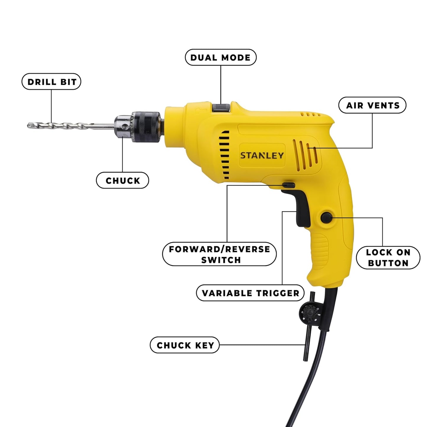 STANLEY SDH550KP-IN 550W 10mm CORDED HAMMER DRILL MACHINE & HAND TOOL KIT for Home, DIY & Professional Use (120-PIECES) - INCLUDES Hammer Drill,Plier,Hammer,Measuring Tape & Drill Bits,1Year Warranty