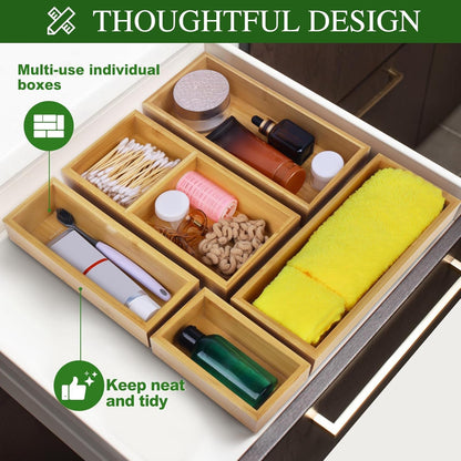 Udaipur Handicrafts Solid Wood Drawer Organizer Set, 5 PCS Multi-Use Wooden Storage Organizers, Drawer Divider and Storage Trays for Kitchen, Makeup, Jewelry, Utensils