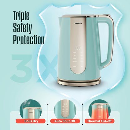Havells CRAFT Kettle | OptiHeat Tech for Custom Temperature Setting | Real Time Temperature Display |12 Hour Keep Warm Function | Strix Controller for 5x Lifespan | 3x Safety Protection (Blue & Gold)