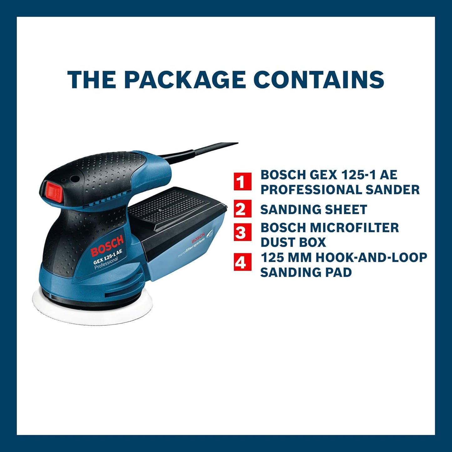Bosch GEX 125-1 AE Heavy Duty Electric Random Orbit Sander, 250W, 12,000 rpm, 24,000 opm, 125 mm Pad Dia., Hook-and-Loop Fastening,1.3 kg + Microfilter box & Bosch Sanding Disc, 1 Year Warranty