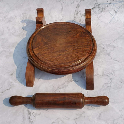 Handicrafts Premium Wooden Chakla Belan Set with Stand | Durable, Handcrafted Rolling Board and Pin for Perfect Rotis & Chapatis | Traditional Kitchen Tool Set for Easy Cooking