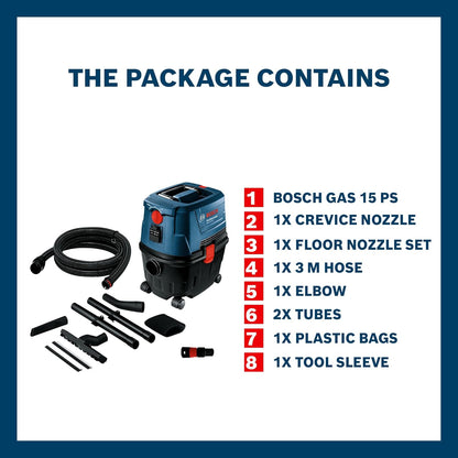 Bosch GAS 15 PS Heavy Duty Corded Electric Wet & Dry Vacuum Cleaner, 1,100W, 270 mbar, 10 Litre Tank , 6 kg + Nozzle & Accessories, 1 Year Warranty