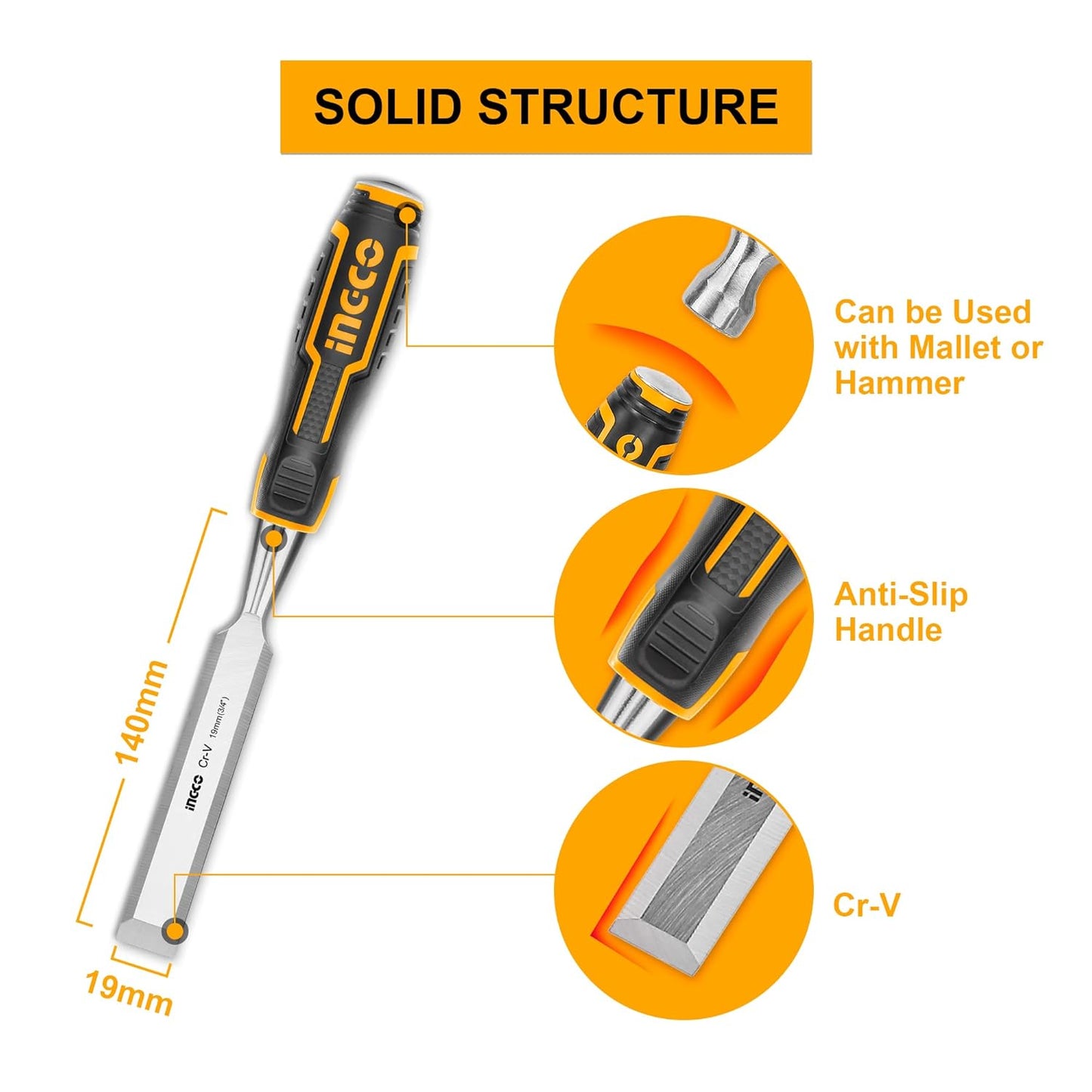 INGCO 2pcs Wood Chisels, CR-V Steel, 19mm Width, Bevel Edge, Rubber Handle, Perfect for Woodworking, Carving, Gift for Men, Dad, Husband