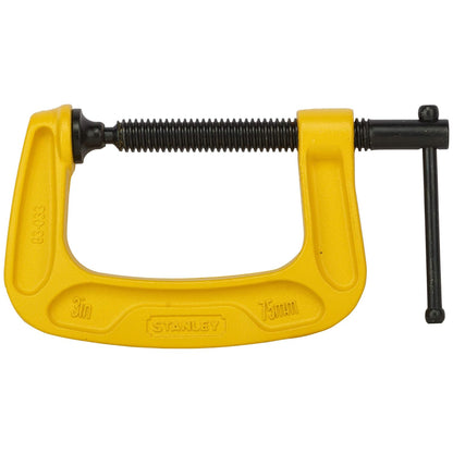 STANLEY 0-83-033 Max Steel C-Clamp-75mm Oversized ''T'' Handle for Extra Torque, Roll-Framed Threads for Smooth Operation, Ideal For Carpentry & Welding, Iron & Steel Build, (Yellow & Black)