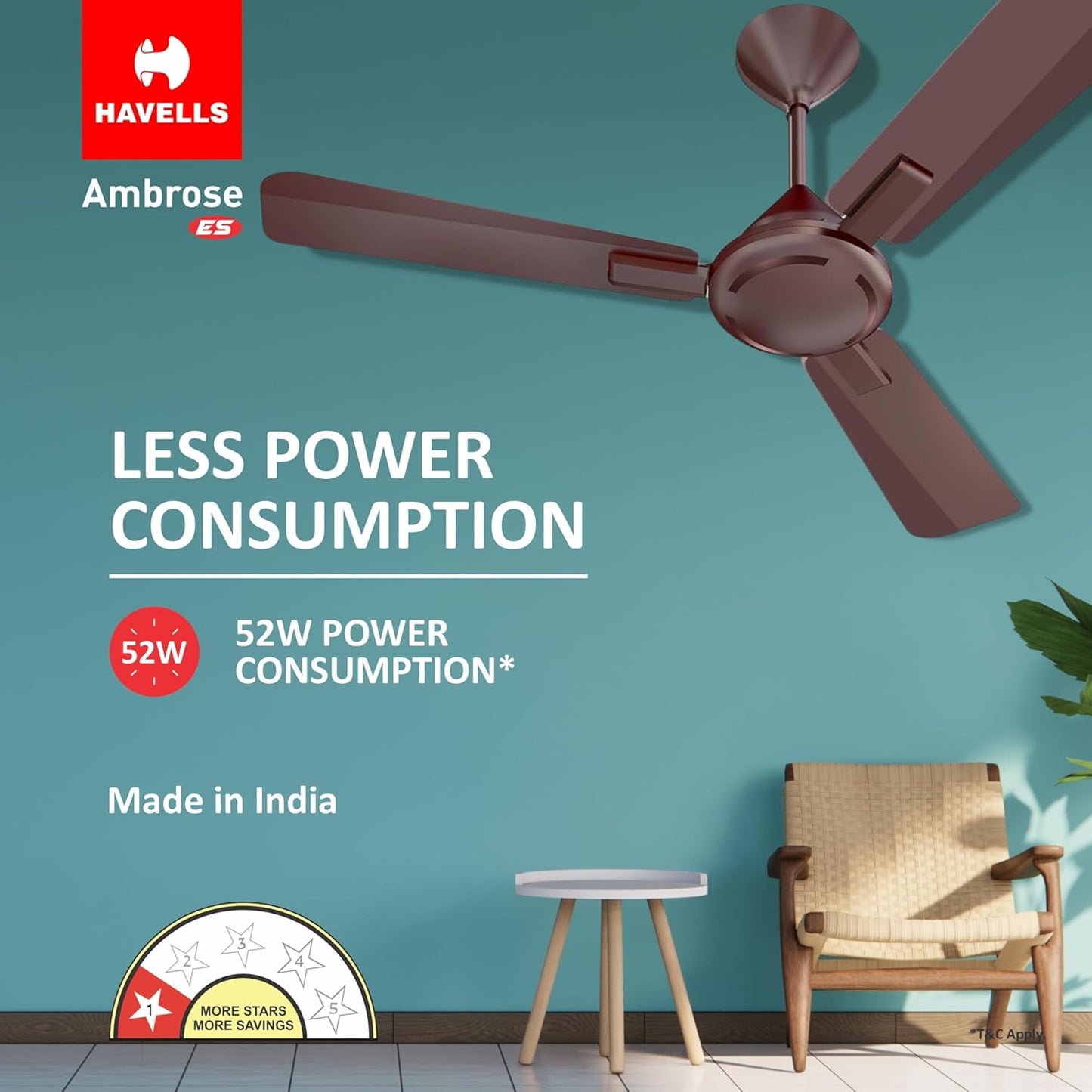 Havells 1200mm Ambrose Energy Saving High Speed Ceiling Fan|Premium Finish, Deco.Fan, Elegant Looks, High Air Delivery, 100% Pure Copper Motor|2 Yr Warranty by Brand | (Pack of 1, Cola Espresso Brown)